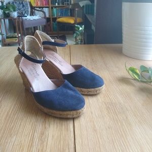 Navy espadrille Mary Jane ankle strap wedge heels